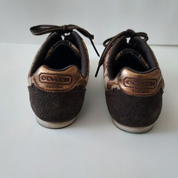 Coach Renata Signature Jacquard Monogram Logo Lace Tie Suede Brown Sneakers - Picture 2 of 5